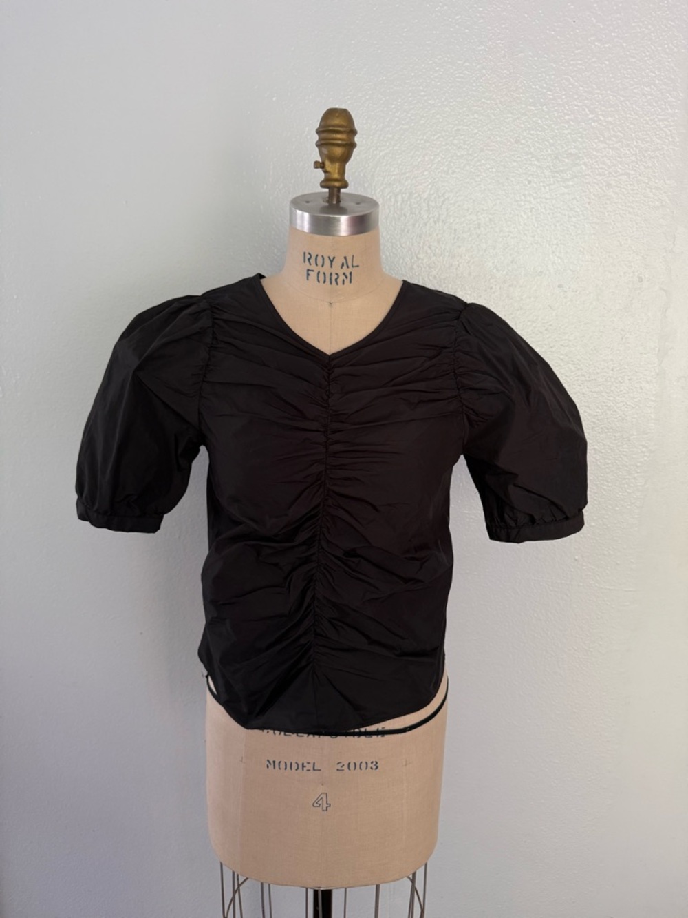 H&M Black Ruched V-Neck Puff Sleeve Blouse